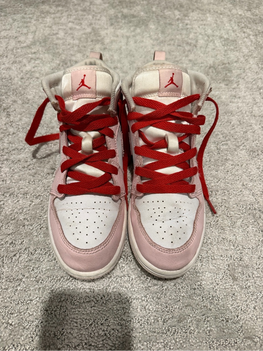 Nike Air Jordan 1 Mid White, Light Pink & Red Accent Sneakers
